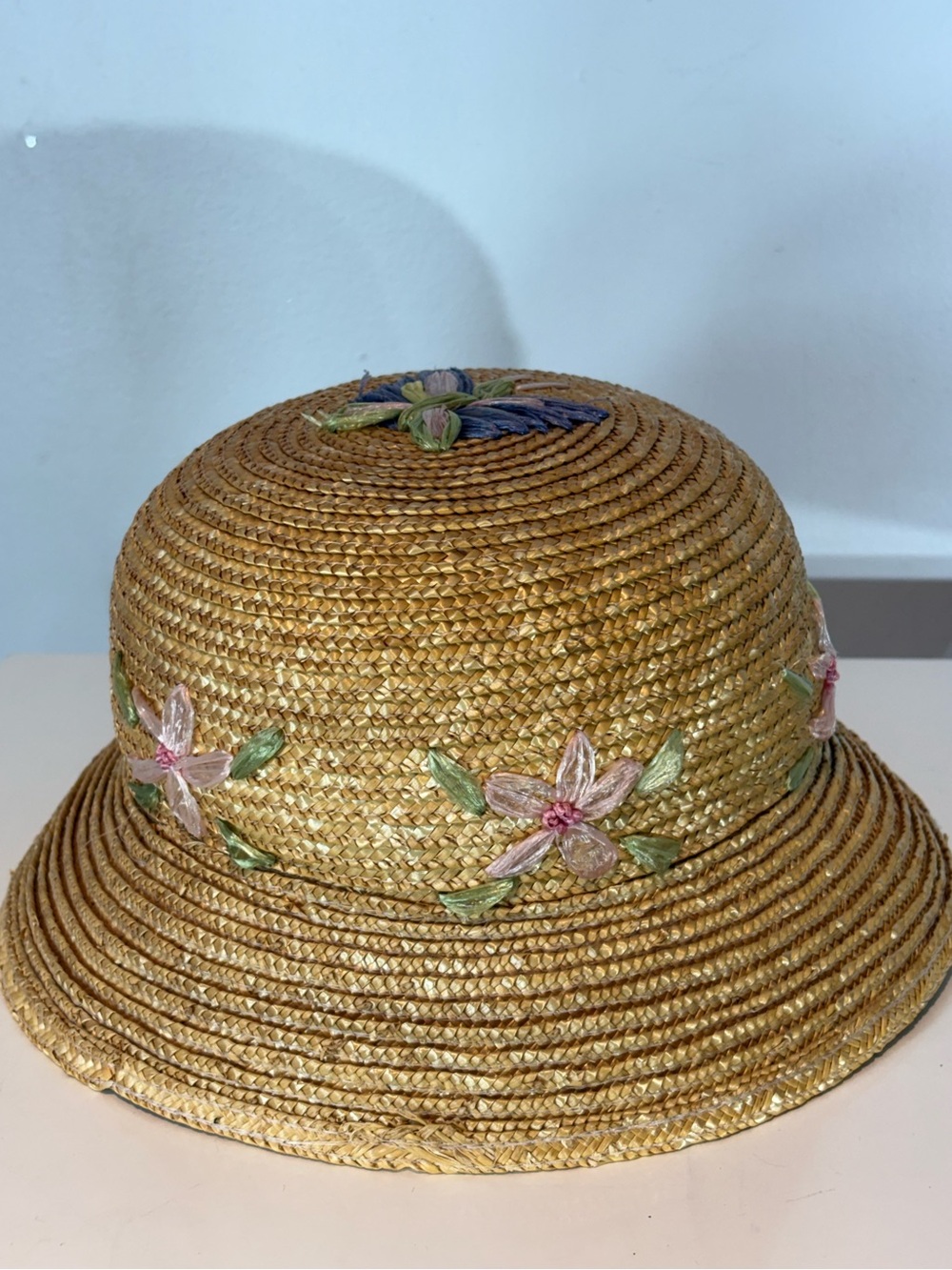 Vintage April Cornell Girls Straw Hat Floral Butterfly Embroidery